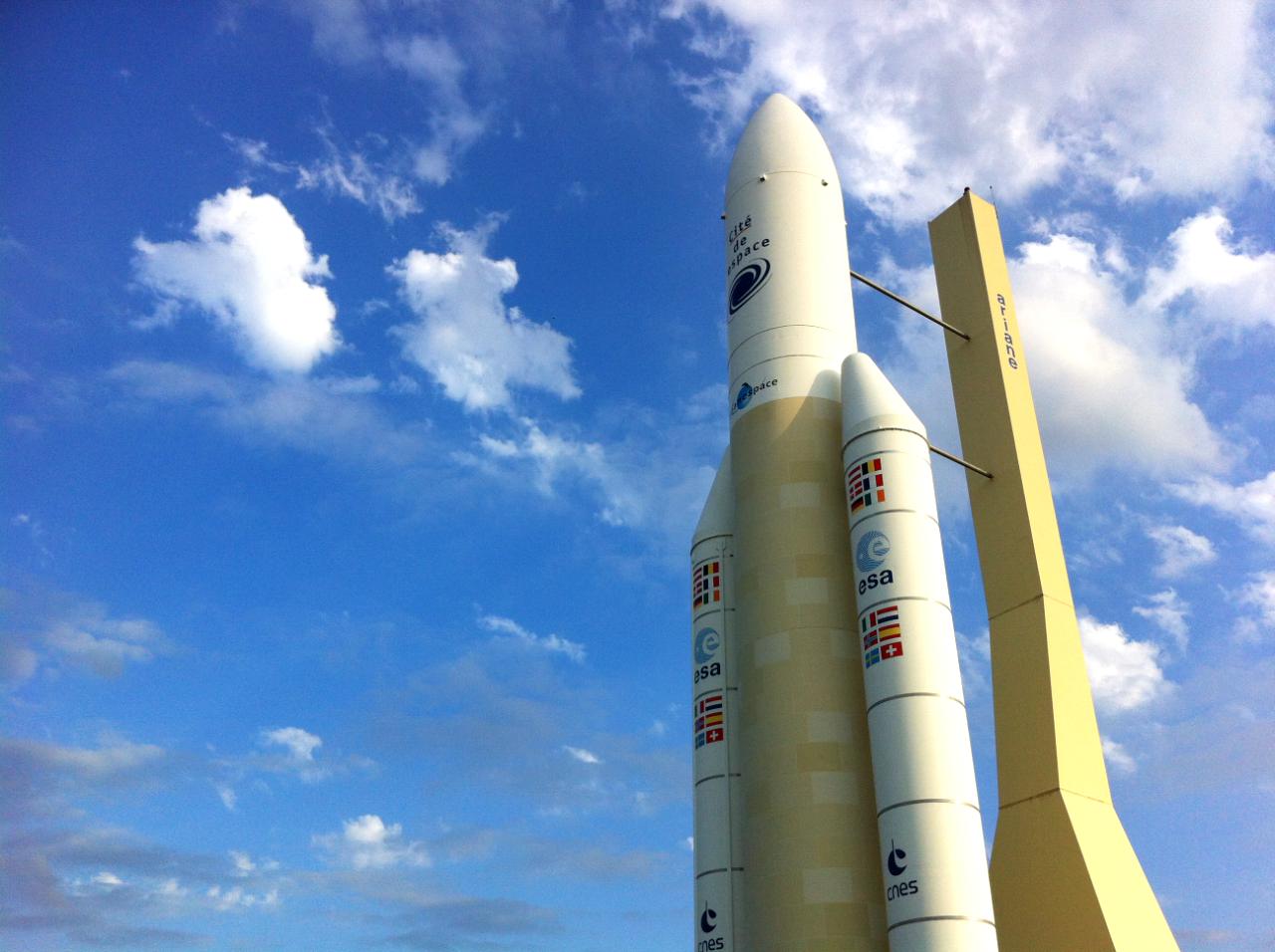 Ariane 5 launcher model against the sky, ESA and CNES, Cite de l'Espace, Toulouse