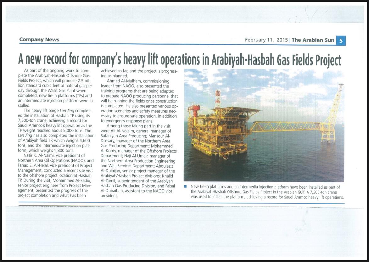 The Arabian Sun, February 2015: a new record for heavy lift operations in the Arabiyah-Hasbah Gas Fields Project